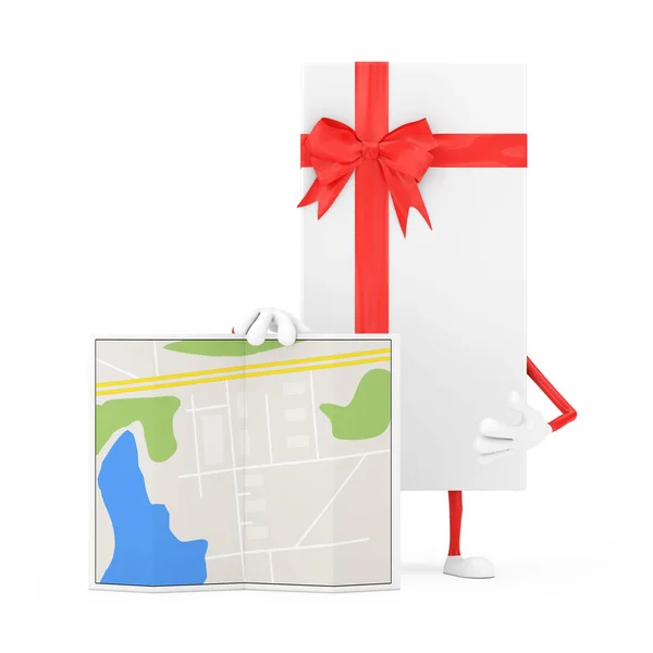 Beyaz Hediye Kutusu Kırmızı Kurdele Karakteri Maskotu Soyut Plan Haritası — Stok fotoğraf