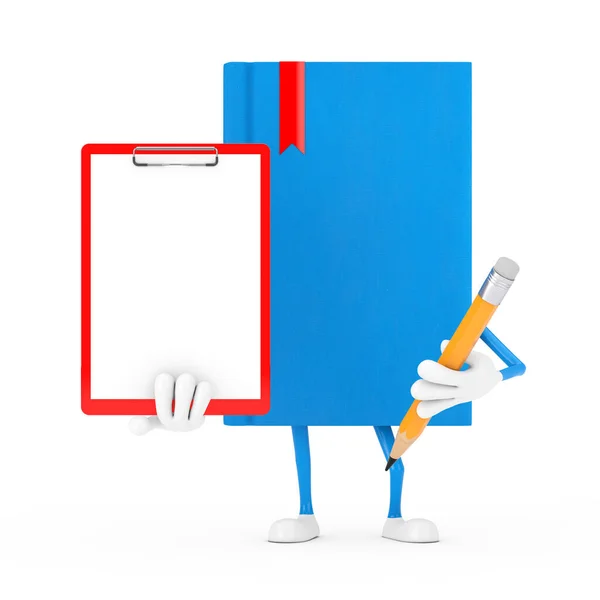 Blue Book Character Mascot Mit Rotem Plastikklemmbrett Papier Und Bleistift — Stockfoto