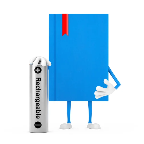 Blue Book Character Mascot Akumulatorem Białym Tle Renderowanie — Zdjęcie stockowe
