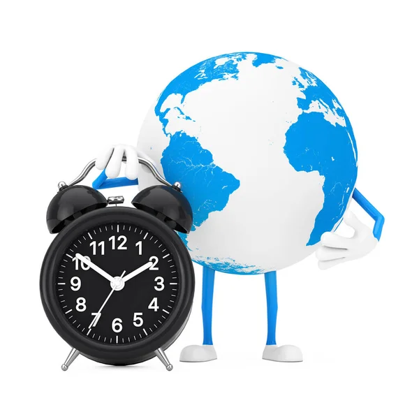 Earth Globe Character Mascot Med Väckarklocka Vit Bakgrund Konvertering — Stockfoto