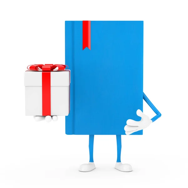 Blue Book Character Mascot Gift Box Red Ribbon Білому Тлі — стокове фото