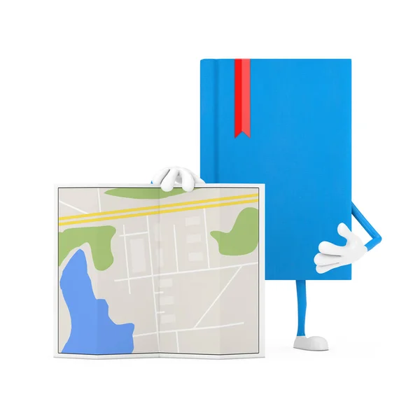 Blå Bok Tecken Maskot Med Abstrakt Plan Karta Vit Bakgrund — Stockfoto