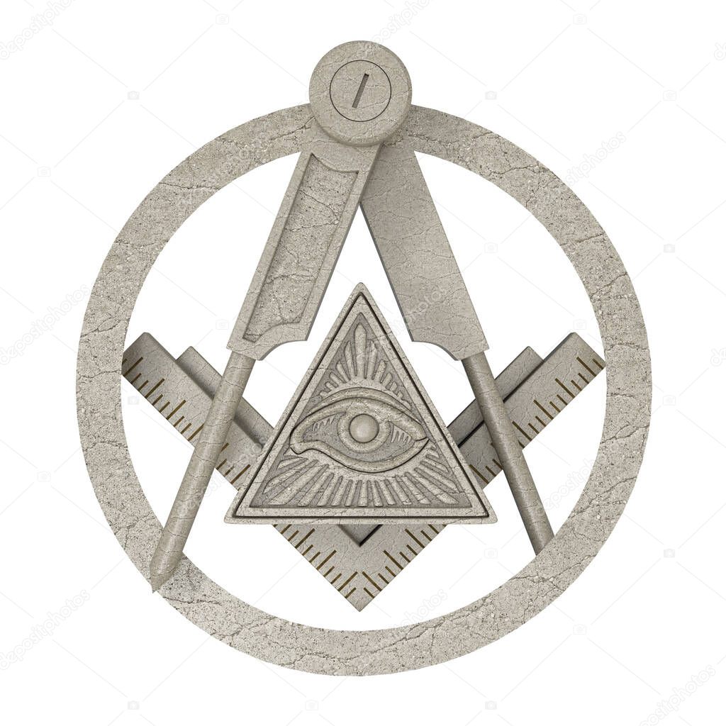 Masonic Freemasonry Stone Square and Compass with All Seeing Eye inside Pyramid Triangle Emblem Icon Logo Symbol on a white background. 3d Rendering