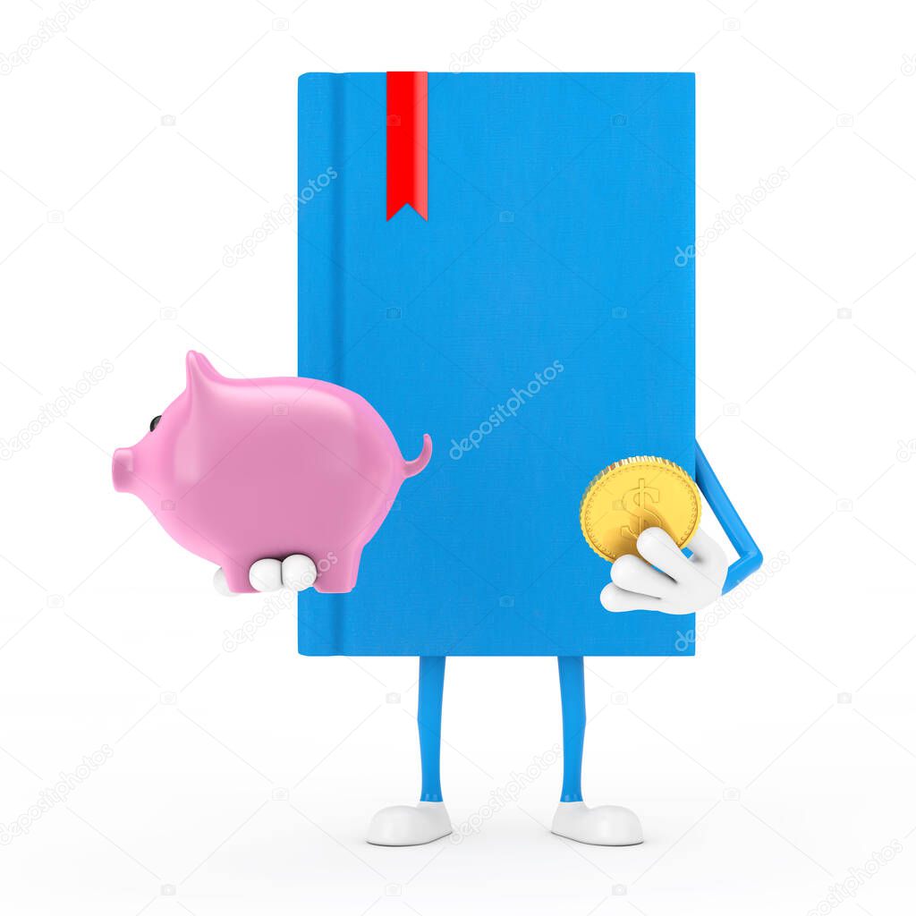 Blue Book Character Mascot with Piggy Bank and Golden Dollar Coin on a white background. 3d Rendering
