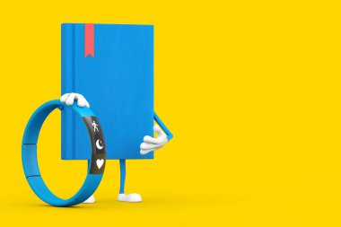 Sarı arka planda mavi spor takip cihazı olan Mavi Kitap Karakteri Maskotu. 3d Hazırlama