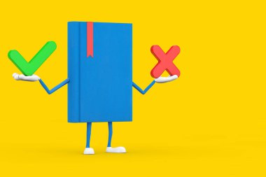 Kızıl Haç ve Yeşil Çek İşaretli Mavi Kitap Karakteri Maskotu, Sarı arka planda Evet veya Hayır Simgesi. 3d Hazırlama