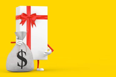 Beyaz Hediye Kutusu ve Kırmızı Kurdele Karakteri Maskotu. Sarı arka planda Rus kumaş keten para torbası ya da para çantası ve dolar işareti var. 3d Hazırlama