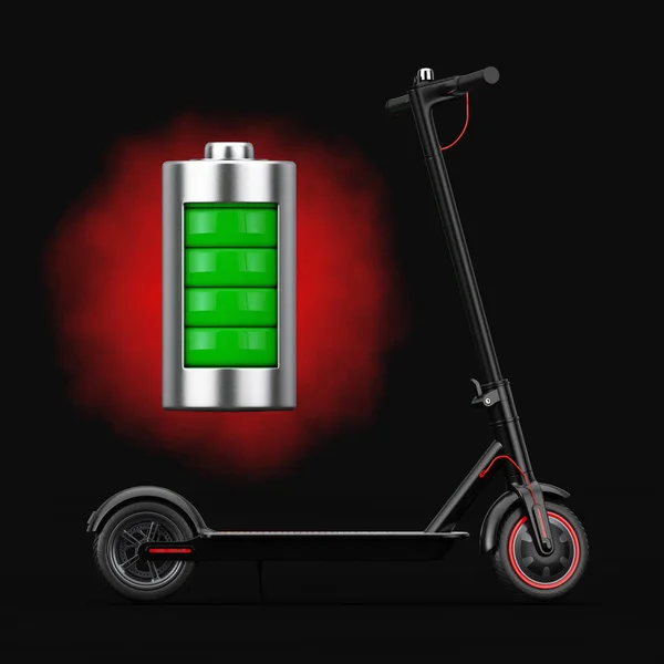 Black Modern Eco Electric Kick Scooter Pobliżu Abstrakcyjnej Akumulator Ładujący — Zdjęcie stockowe