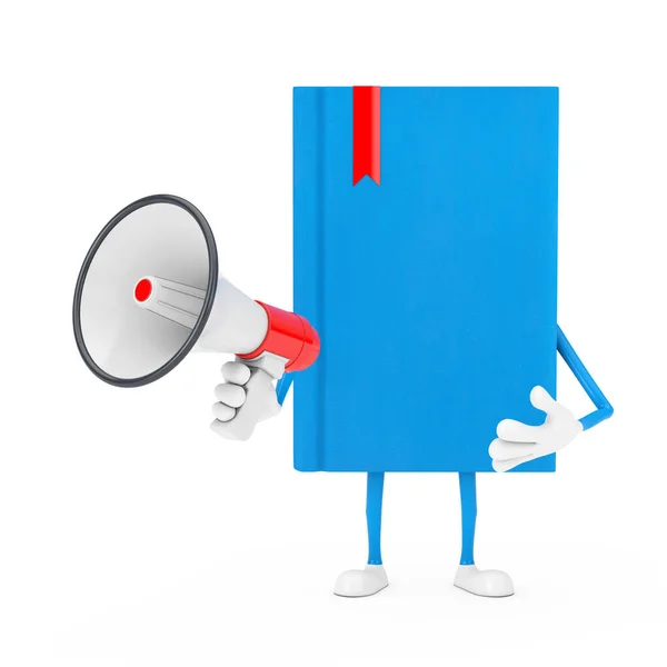 Blue Book Mascote Personagem Com Red Retro Megaphone Fundo Branco — Fotografia de Stock