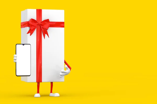 ホワイトギフトボックスとレッドリボンキャラクターマスコットとあなたのデザインのための空白の画面を持つ現代的な携帯電話黄色の背景にあります 3Dレンダリング — ストック写真
