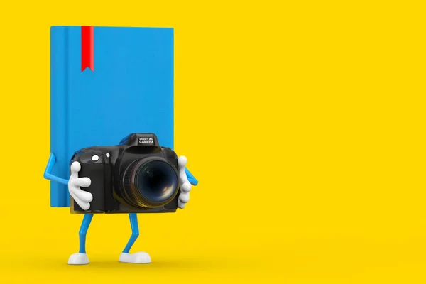 Blue Book Character Mascot Modern Digital Photo Camera Yellow Background — Stock Photo, Image