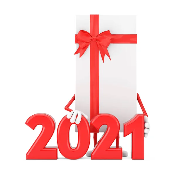 White Gift Box Red Ribbon Character Mascot 2021 New Year — Stock Photo, Image