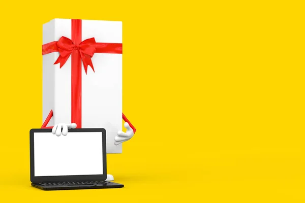 White Gift Box Red Ribbon Character Mascot Modern Laptop Computer — Stock Photo, Image