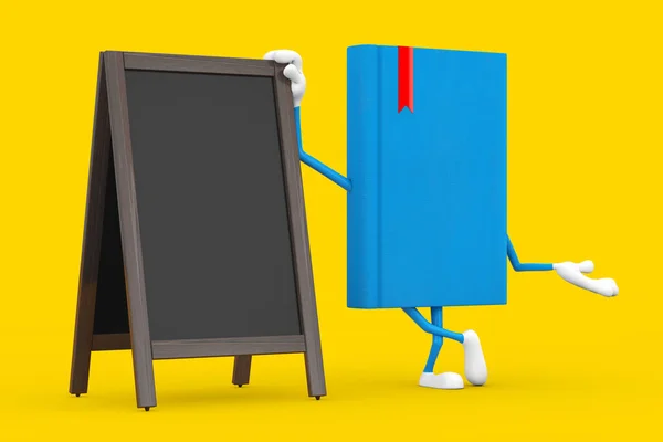 蓝皮书人物吉祥物与空白木菜单黑板户外展示黄色背景 3D渲染 — 图库照片