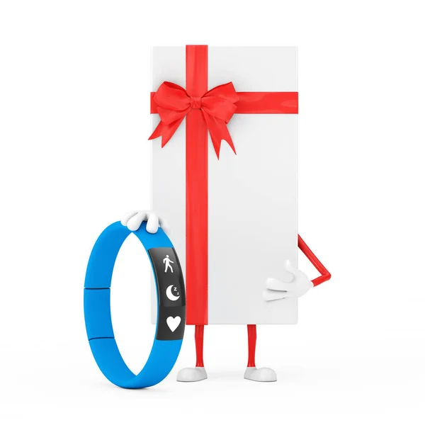 White Gift Box Red Ribbon Character Mascot Blue Fitness Tracker — стокове фото