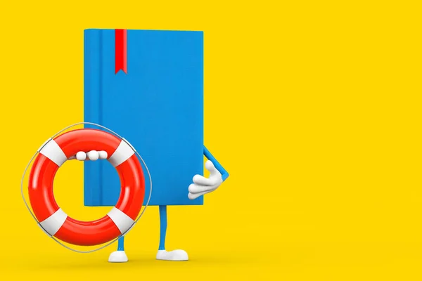 Blue Book Character Mascot Life Buoy Yellow Background 렌더링 — 스톡 사진