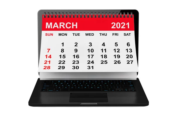 Jahreskalender 2021 Märzkalender Über Laptop Bildschirm Auf Weißem Hintergrund Darstellung — Stockfoto