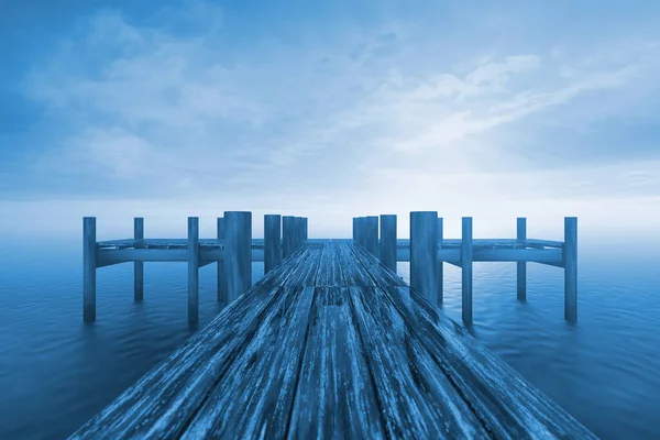 Boş Ahşap İskele Jetty Köprüsü, Sunset Ocean View ile Blue Key 'e yakın çekim. 3d Hazırlama 