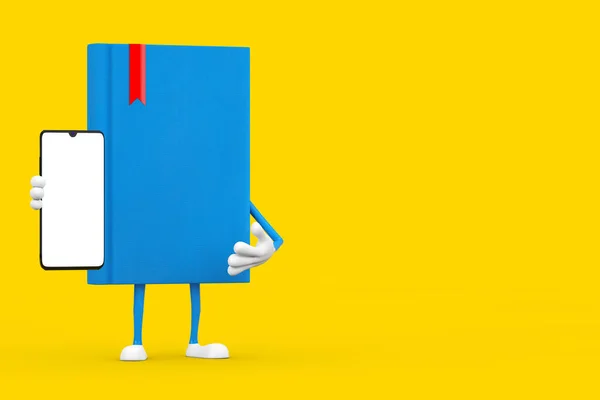 Blauw Boek Karakter Mascotte Moderne Mobiele Telefoon Met Blanco Scherm — Stockfoto