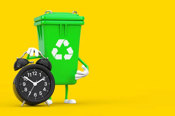 Recycle Sign Verde Lixo Lixo Bin Personagem Mascote Com Relógio — Fotografia de Stock