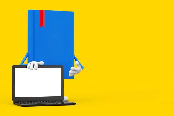 Blue Book Character Mascot Modern Laptop Notebook Computer Blank Screen — Zdjęcie stockowe