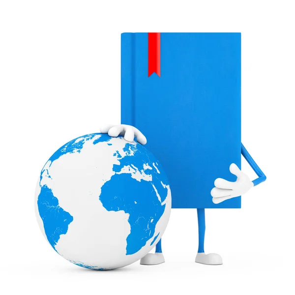 Mascotte Blue Book Character Con Globo Terrestre Sfondo Bianco Rendering — Foto Stock