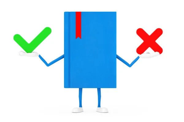 Blue Book Character Mascot Red Cross Green Check Mark Confirm — Stock Photo, Image