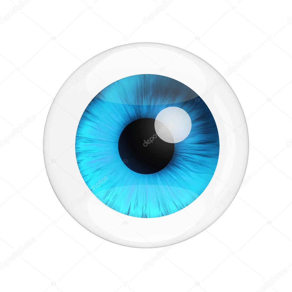 Realistic Human Blue Eye with Reflections on a white background. 3d Rendering