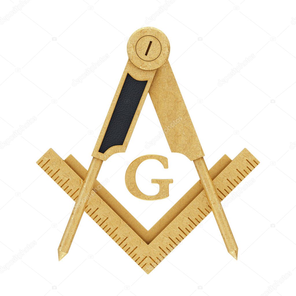 Masonic Freemasonry Golden Square and Compass with G Letter Emblem Icon Logo Symbol on a white background. 3d Rendering