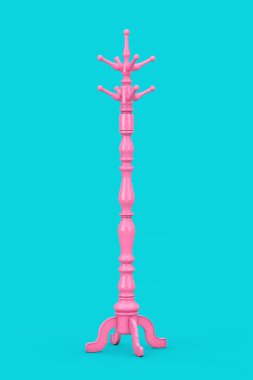 Mavi arka planda Duotone tarzında klasik Ahşap Pembe Ceket Rafı. 3d Hazırlama