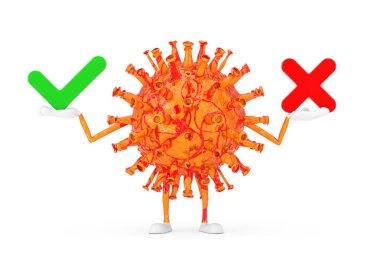 Çizgi film Coronavirus COVID-19 Virüs Maskotu Karakteri Kızıl Haç ve Yeşil Kontrol İşareti, Onayla veya Reddet, Beyaz arka planda Evet veya Hayır Simgesi var. 3d Hazırlama