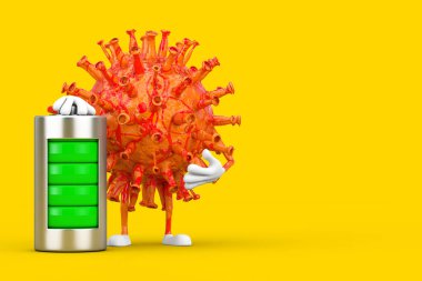 Çizgi film Coronavirus COVID-19 Virüs Maskot Karakteri Soyut Şarj Bataryası ile sarı arka planda. 3d Hazırlama