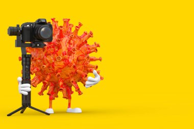 Coronavirus COVID-19 Virüs Maskotu Karakteri DSLR ya da Video Kamera Gimbal Stabilizasyon Sistemi sarı arka planda. 3d Hazırlama