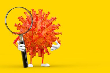 Çizgi film Coronavirus COVID-19 Virüs Maskot Karakteri sarı arka planda büyüteç var. 3d Hazırlama