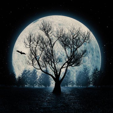 Blue Big Moon Sky 'ın önündeki Dehşet Manzaralı Ölü Ağaç Silueti. 3d Hazırlama
