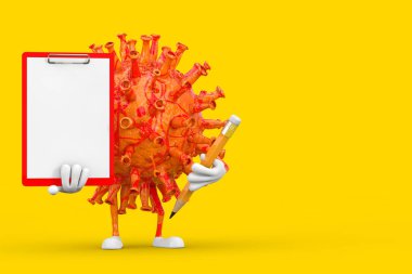 Çizgi film Coronavirus COVID-19 Virüs Maskot Karakteri. Sarı arka planda Kırmızı Plastik Pano, Kağıt ve Kalem. 3d Hazırlama
