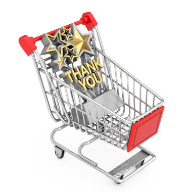 Award Trophy with Golden Thank You Sign in Shopping Cart Trolley on a white background. 3d Rendering clipart