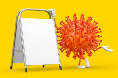 Coronavirus COVID-19 Virüs Maskotu Karakteri. Sarı arka planda Beyaz Boş Reklam Standı var. 3d Hazırlama
