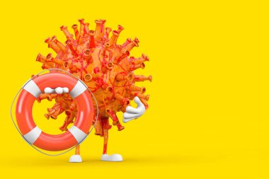 Çizgi film Coronavirus COVID-19 Virüs Maskot Karakteri. Sarı arka planda Yaşam Şamandırası var. 3d Hazırlama