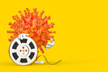 Çizgi film Coronavirus COVID-19 Virüs Maskot Karakteri, sarı arka planda Film Reel Cinema Bantlı. 3d Hazırlama