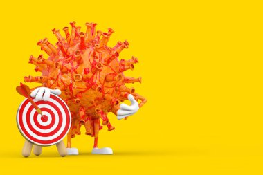 Karikatür Coronavirus COVID-19 Virüs Maskotu Karakteri Okçuluk Hedefi ve Dart sarı arka planda. 3d Hazırlama