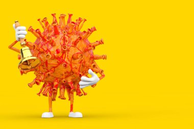 Çizgi film Coronavirus COVID-19 Virüs Maskot Karakteri. Sarı arka planda klasik Altın Okul Çanı var. 3d Hazırlama