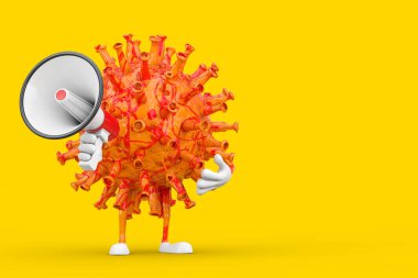 Çizgi film Coronavirus COVID-19 Virüs Maskotu Karakteri. Sarı arka planda Kırmızı Retro Megafon var. 3d Hazırlama