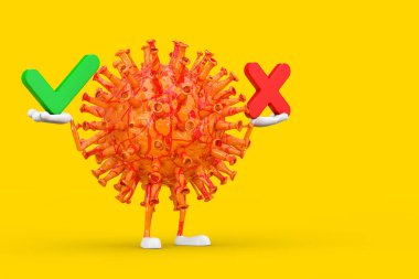 Çizgi film Coronavirus COVID-19 Virüs Maskotu Karakteri Kızıl Haç ve Yeşil Kontrol İşareti, Onayla veya Reddet, Sarı arka planda Evet veya Hayır Simgesi var. 3d Hazırlama