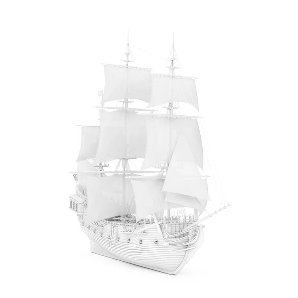 White Vintage Tall Sailing Ship, Caravel, Pirate Ship or Warship in Clay Render Style on a white background. 3d Rendering