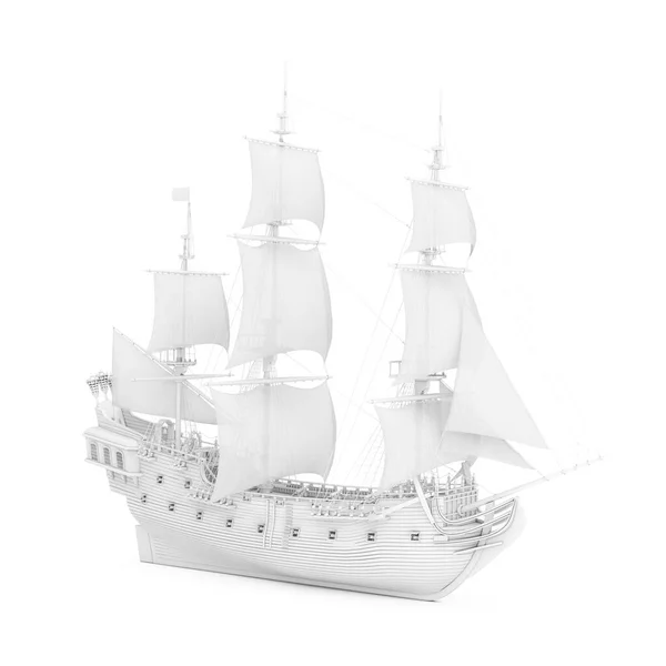 White Vintage Tall Sailing Ship, Caravel, Pirate Ship or Warship in Clay Render Style on a white background. 3d Rendering
