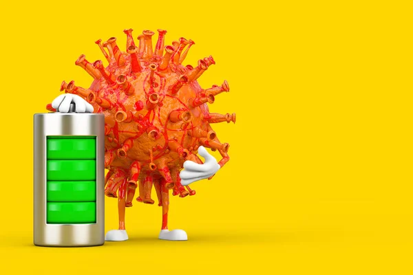 Cartoon Coronavirus COVID-19 Virus Mascot Person Character with Abstract Charging Battery on a yellow background. 3d Rendering