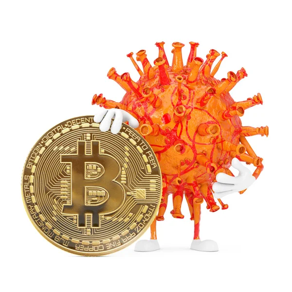 漫画コロナウイルスCovid 19デジタルと暗号通貨のゴールデンBitcoinコインを背景にしたウイルスマスコットキャラクター 3Dレンダリング — ストック写真