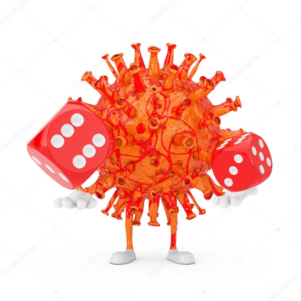 Cartoon Coronavirus COVID-19 Virus Mascot Person Character with Red Game Dice Cubes in Flight on a white background. 3d Rendering