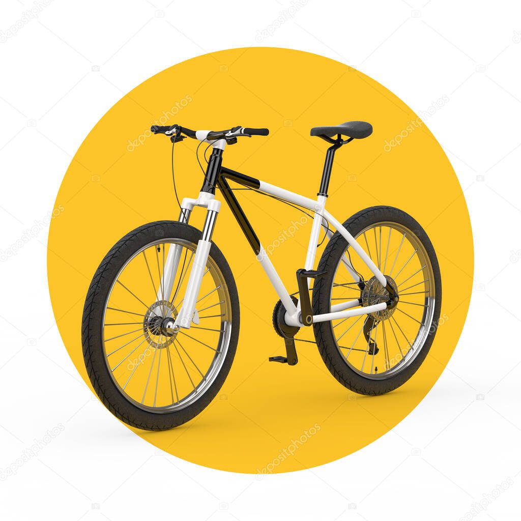 Black and White Mountain Bike on a white and yellow background. 3d Rendering 